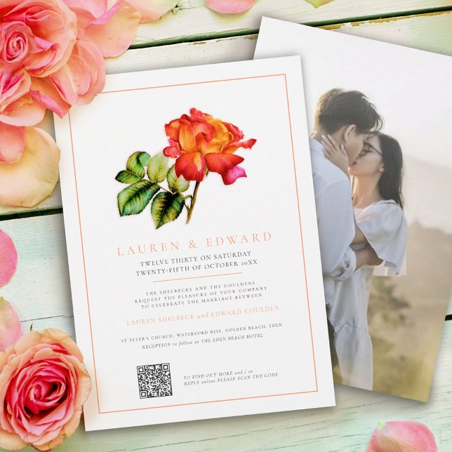 Rose Orangenstreifen Wasserfarbe Hochzeit QR-Code Einladung (Von Creator hochgeladen)
