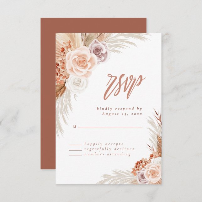 Rose Pampas Terracotta Boho Wedding RSVP Karte (Vorne/Hinten)