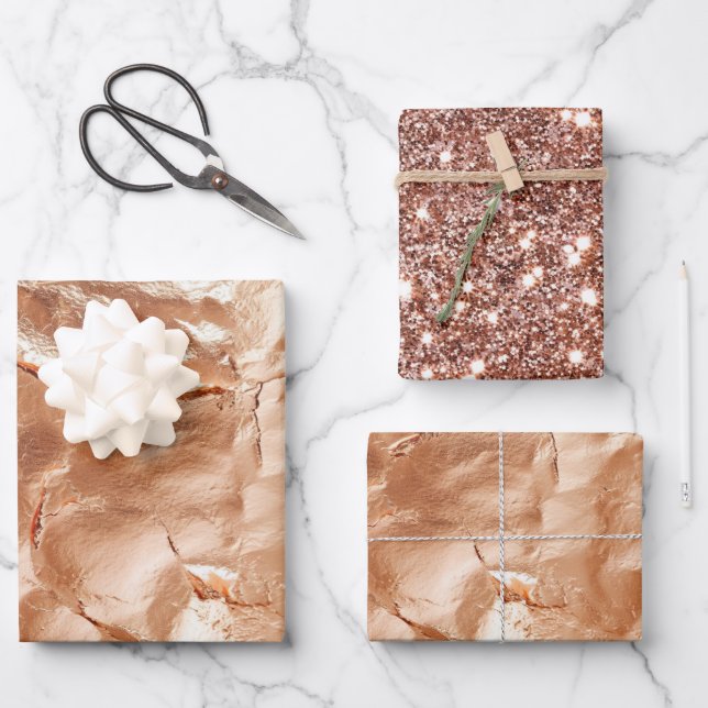 Rose Peach Gold Glam Geschenkpapier Set (Vorderseite)