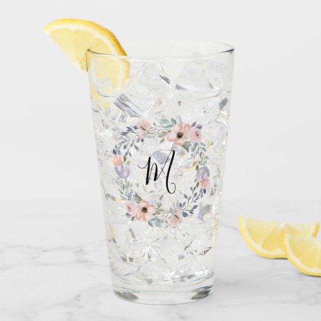 Rose Pink Aquarellfarben Blumengranulat Monogramm Glas (Vorderseite Ice)