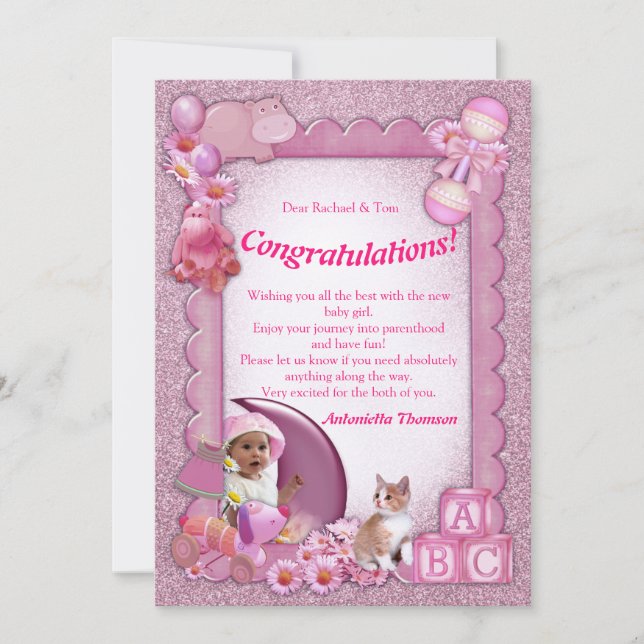 Rose-pink Baby Girl Dusche Gratulation Dankeskarte (Vorderseite)