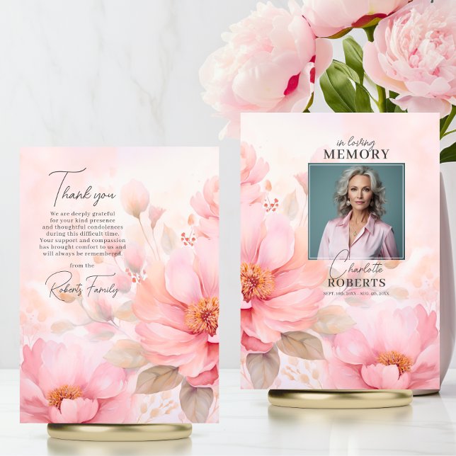 Rose Pink Beileid Beerdigung Danke | FOTO Karte (Feminine Vintage Roses Blush Pink Funeral Thank You  PHOTO | Memorial Service)