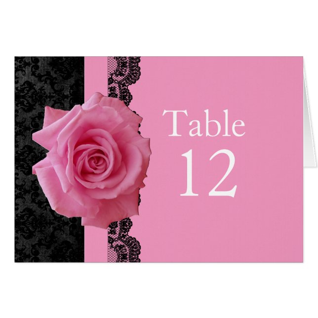 Rose Pink Black Luxe Damask Tischkarte (Vorderseite (Horizontal))