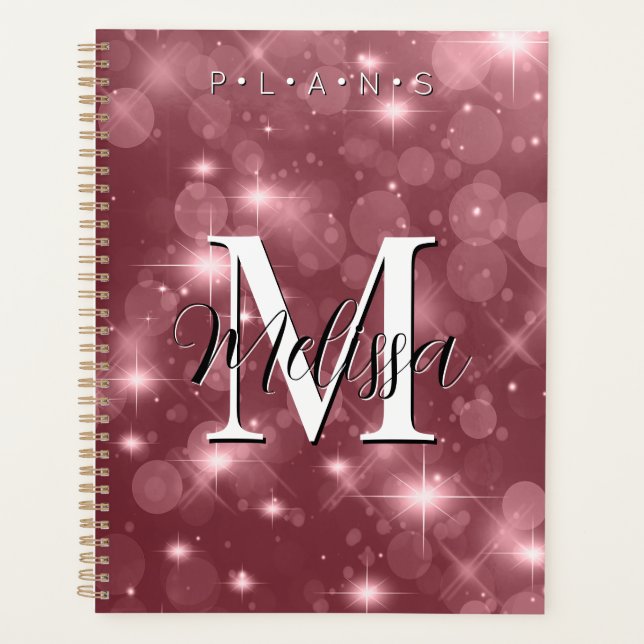 Rose Pink Bokeh Modern Monogram Sparkle Planner Planer (Vorderseite)