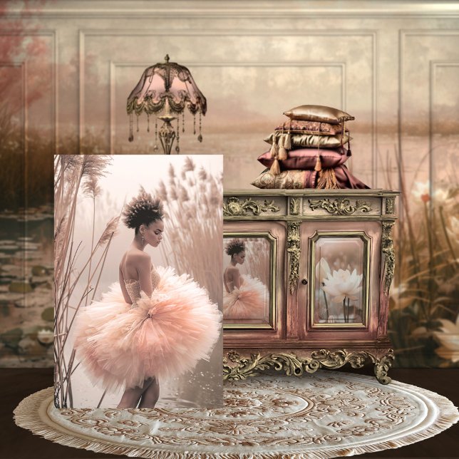 Rose Pink Brown Ballerina Beauty, Misti Lake Seidenpapier (brown girl, ballerina tutu, rose pink, pampas grass, misty lake, portrait art for DIY furniture.)