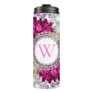 Rose Pink Burgundy Diamonds Elegantes Monogramm Thermosbecher