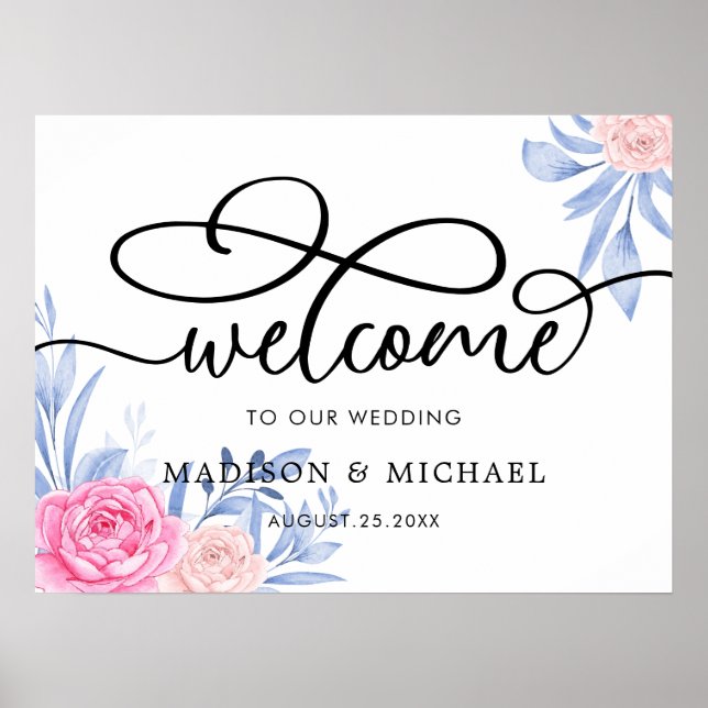 Rose Pink Cloudy Blue Blätter Hochzeit Begrüßungsz Poster (Vorne)