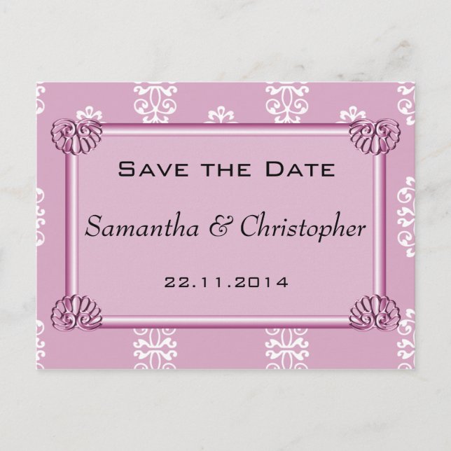 Rose Pink Damask Hochzeit Save the Date Ankündigungspostkarte (Vorderseite)