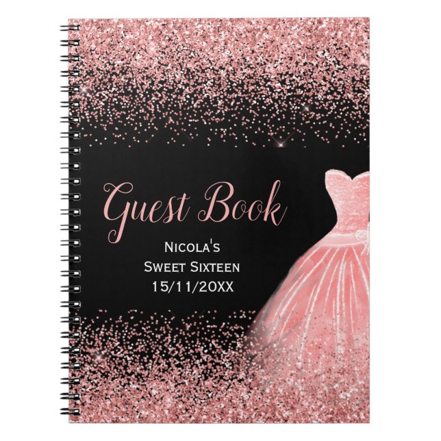 Rose Pink Dress Faux Glitter Sweet 16 Guest Book Notizblock (Vorderseite)
