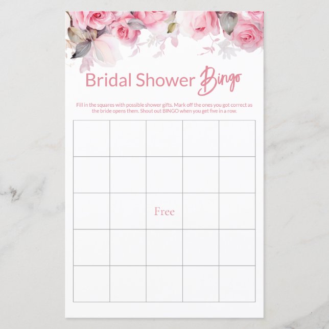 Rose Pink Floral Bridal Shower Game BINGO (Vorderseite)