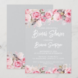 Rose Pink Floral Gray Bridal Shower Einladung