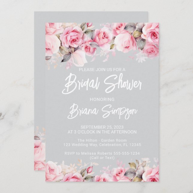 Rose Pink Floral Gray Bridal Shower  Einladung (Vorne/Hinten)