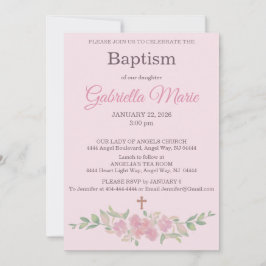 Rose Pink Floral Watercolor Cross Baptism Einladung