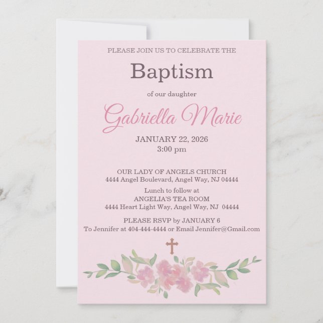 Rose Pink Floral Watercolor Cross Baptism Einladung (Vorderseite)
