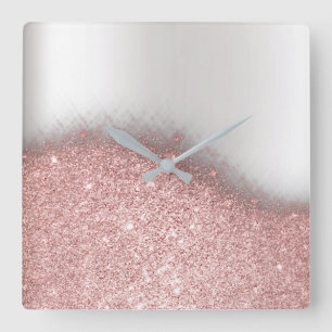 Rose Pink Glitter Silver Gray Minimal Metallic Quadratische Wanduhr