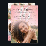 Rose Pink Gold Confetti FotoCollage Sweet 16 Einladung<br><div class="desc">Diese hübsche und gürmische 16 . Geburtstag Geburtstagsparty Foto Collage Einladung ist perfekt für das trendige und stilvolle Mädchen. Es zeigt Imitate gedruckt funkelnd Glitzer fallend Konfetti auf einer Rose rosa und große Foto ombre Farbverlauf mit eleganten schwarz handgeschriebenen kursiven Skript Typografie. Auf der Rückseite sind die Imitate goldene Konfetti...</div>