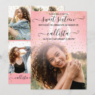 Rose Pink Gold Confetti FotoCollage Sweet 16 Einladung