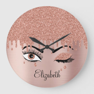 Rose Pink Gold Eyelashes Dripping Glitter Große Wanduhr