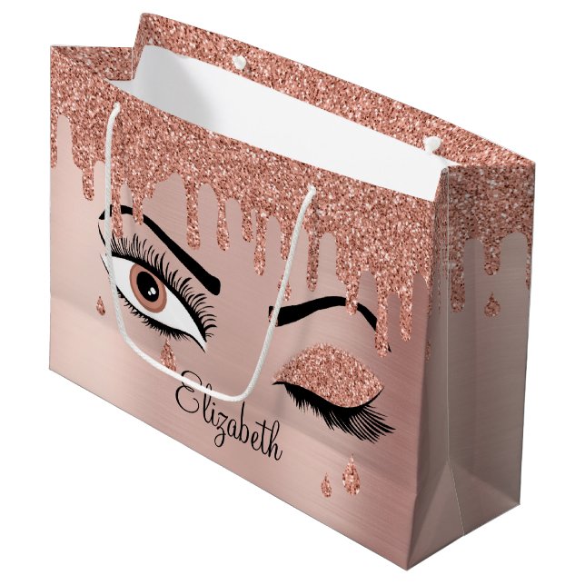 Rose Pink Gold Eyelashes Driving Glitzer Große Geschenktüte (Vorderseite Schrägansicht)