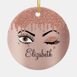 Rose Pink Gold Eyelashes Driving Glitzer Keramik Ornament