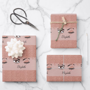 Rose Pink Gold Eyelashes Glitzer Name Geschenkpapier Set