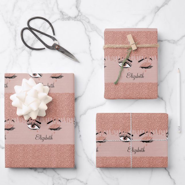 Rose Pink Gold Eyelashes Glitzer Name Geschenkpapier Set (Vorderseite)