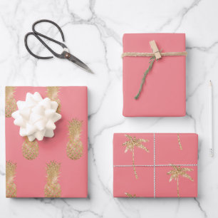 Rose Pink Gold Glitzy Ananas Geschenkpapier Set