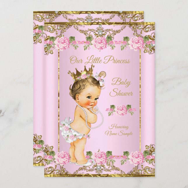 Rose Pink Gold White Princess Kinderdusche Brünett Einladung (Vorne/Hinten)