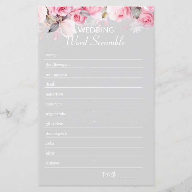 Rose Pink Gray Bridal Shower Word Scramble Game (Vorderseite)