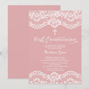Rose Pink Lace Erste Heilige Kommune Einladung