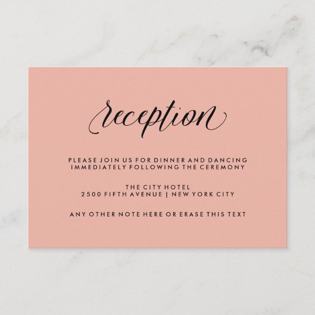 Rose Pink mit Schwarz-Kalligrafie Hochzeitsempfang Begleitkarte (Vorderseite)