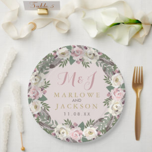Rose Pink Moody Floral Boho Wedding Monogram Pappteller
