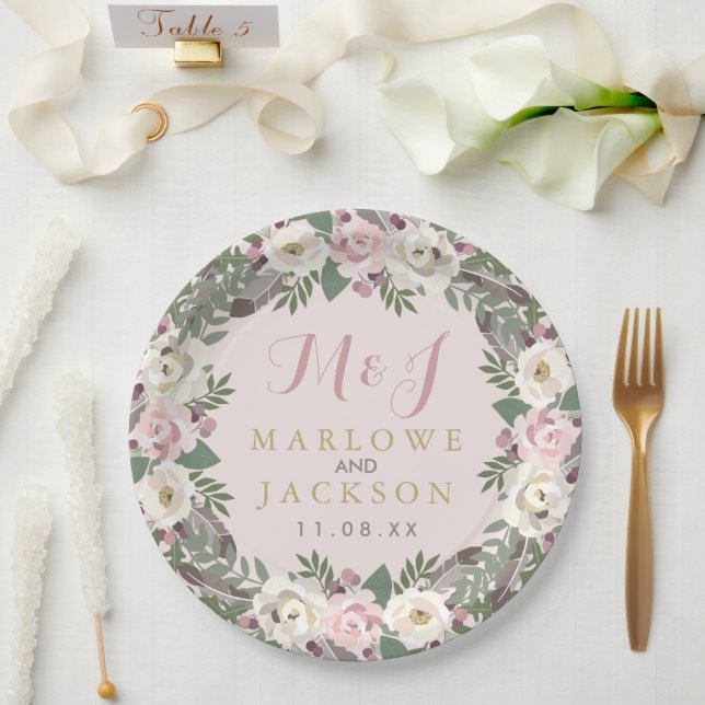 Rose Pink Moody Floral Boho Wedding Monogram Pappteller (Hochzeit)