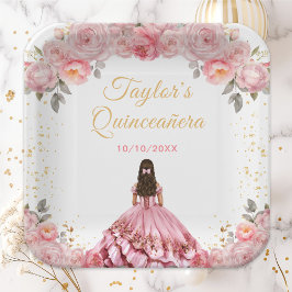 Rose Pink Prinzessin Floral Quinceñera Pappteller