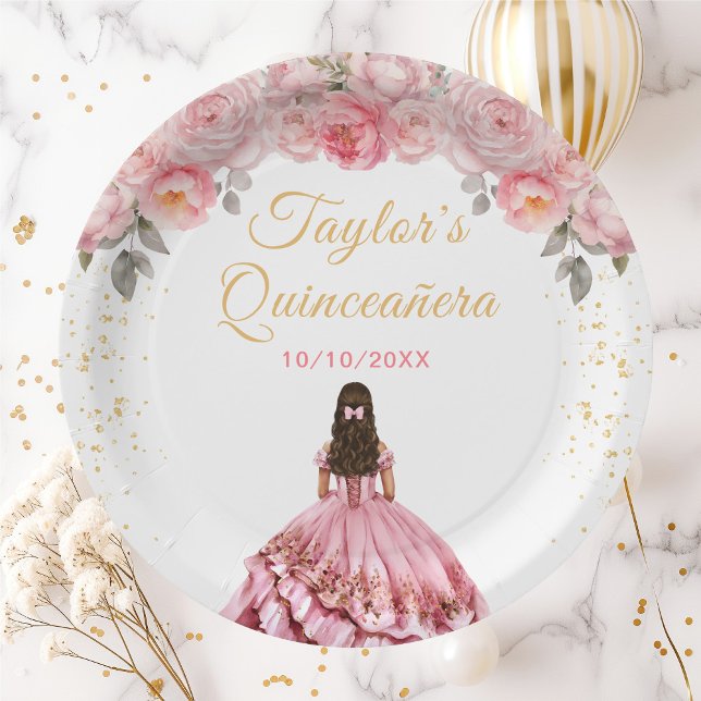 Rose Pink Prinzessin Floral Quinceñera Pappteller (Von Creator hochgeladen)