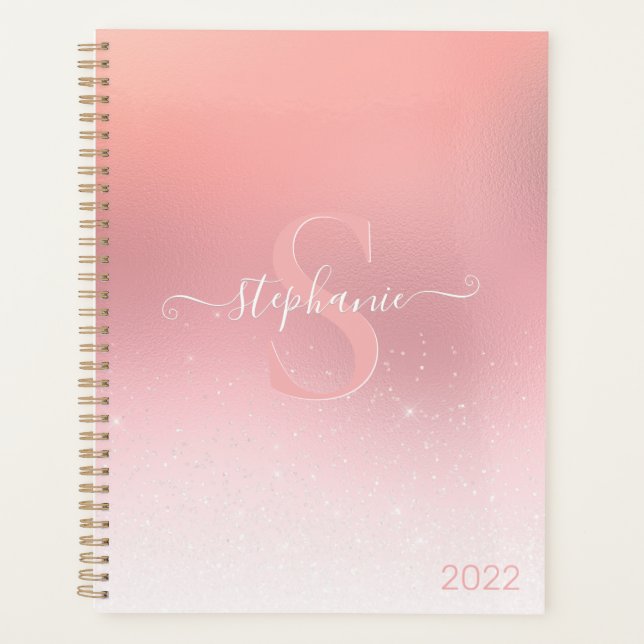 Rose Pink Shimmer Glitzer Sparkline Mit Monogramm Planer (Vorderseite)