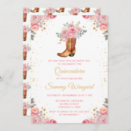 Rose Pink und Gold Floral Cowboy Boot Quinceañera Einladung