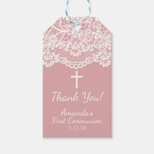 Rose PInk Vintage Spitze Erste Kommunion Geschenkm Geschenkanhänger