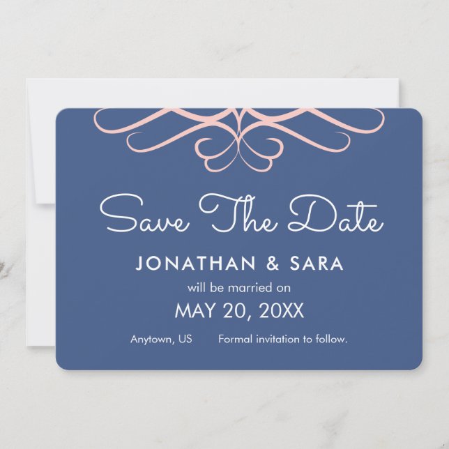 Rose Quartz auf Denim Blue, Elegant Save the Date (Vorderseite)