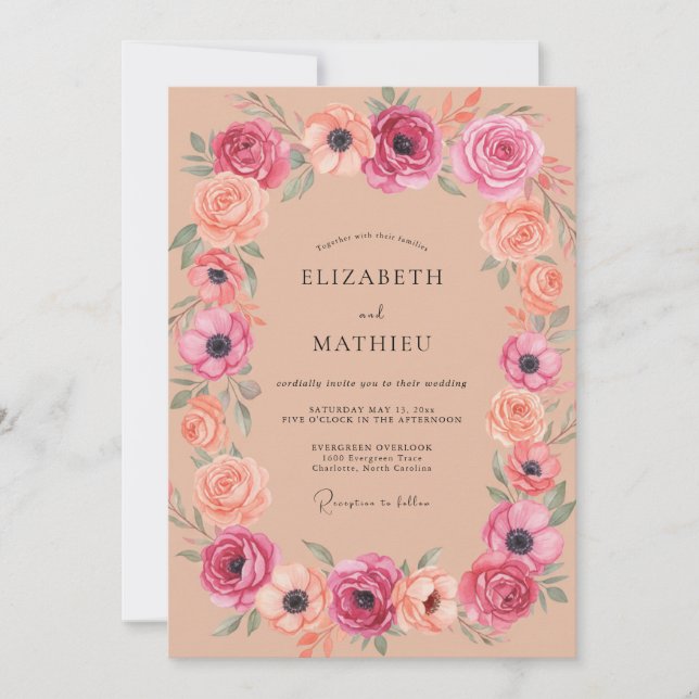 Rose Quartz Blumenbogen-Hochzeit Einladung (Vorderseite)