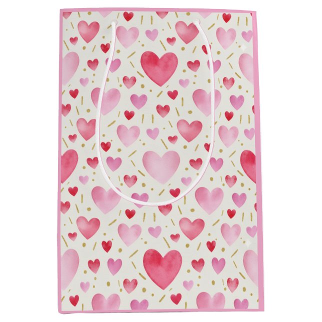 Rose Quartz Romance: Watercolor-Herzen und Gold  Mittlere Geschenktüte (Vorderseite)