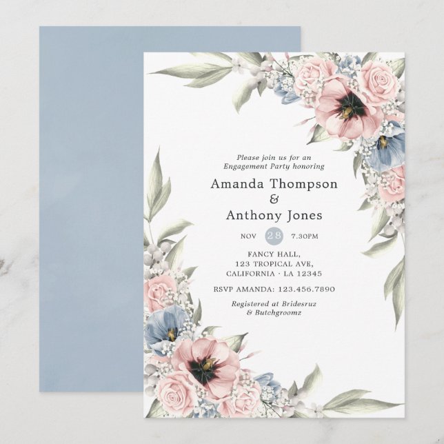 Rose Quartz und Serenity Floral Engagement Party Einladung (Vorne/Hinten)