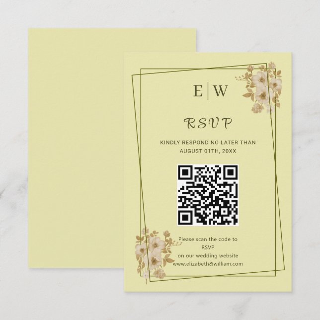 Rose-Rahmen - Mongram, Celestial Yellow Wedding RSVP Karte (Vorne/Hinten)