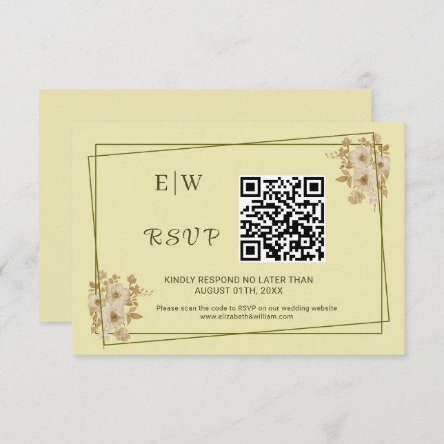 Rose-Rahmen - Mongram, Celestial Yellow Wedding RSVP Karte (Vorne/Hinten)