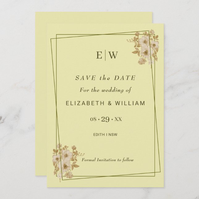 Rose-Rahmen - Mongram, Celestial Yellow Wedding Save The Date (Vorne/Hinten)