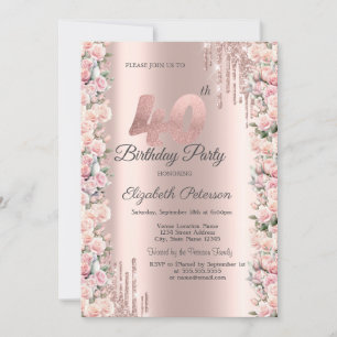 Rose Rahmen Tropfen Rose Gold 40. Geburtstag Einladung