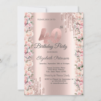 Rose Rahmen Tropfen Rose Gold 40. Geburtstag Einladung