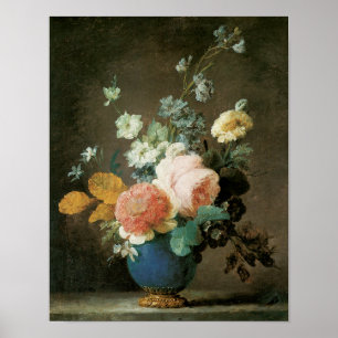 Rose, Ranunculus und andere Blume in einer Blauen  Poster