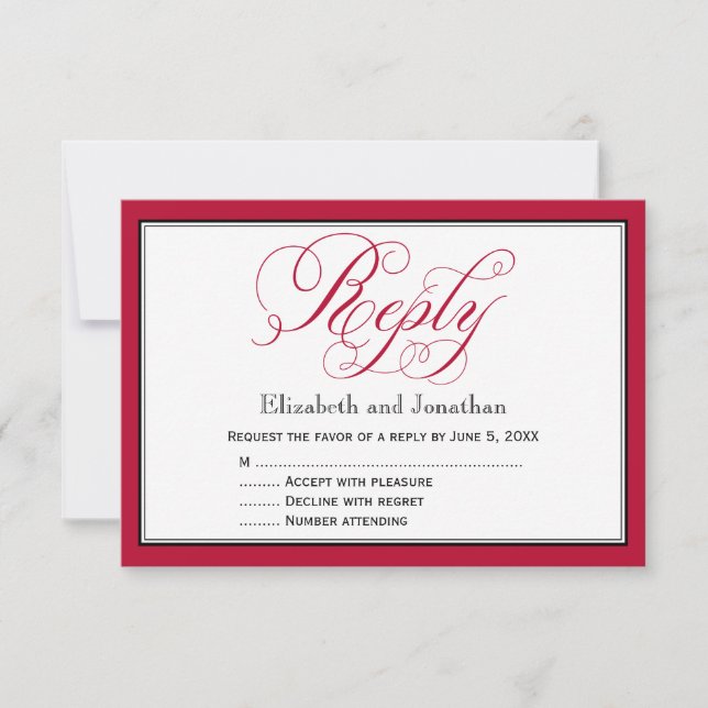 Rose Red Black and White Script Wedding Repcard RSVP Karte (Vorderseite)