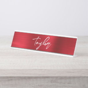 Rose Red Foil Modern Brush Script Vorname Schreibtischnamensplakette